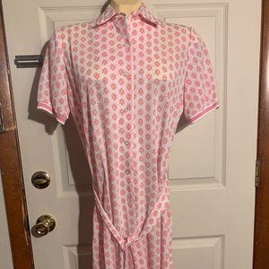 Vintage 1970s Shirt Dress Size Large Pink Fish Pattern Mid Calf Tie Waist